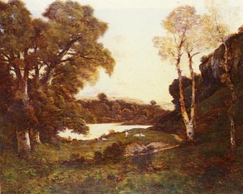 亨利 約瑟夫 哈爾皮涅斯 Goats Grazing Beside A Lake At Sunset 亨利 約瑟夫 哈爾皮涅斯 Goats Grazing Beside A Lake At Sunset